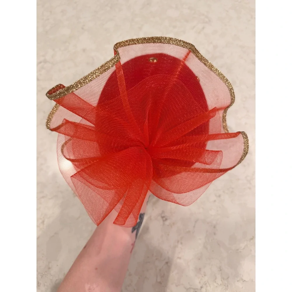 Vintage Red Wool Pillbox Hat Gold‎ Studs Oversized Mesh Bow Holiday Fascinator